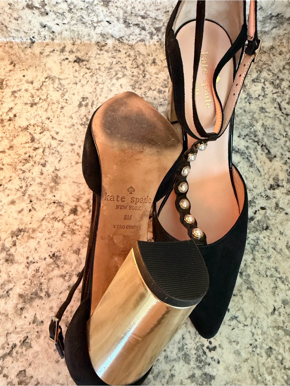 kate spade Black Suede T-Strap Block Heel Pumps with Gold Pearl Sexy Career - Picture 5 of 8
